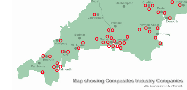 Interactive map of Composites Industry locations within Devon and Corwall. Move the mouse over the red symbols for company information
